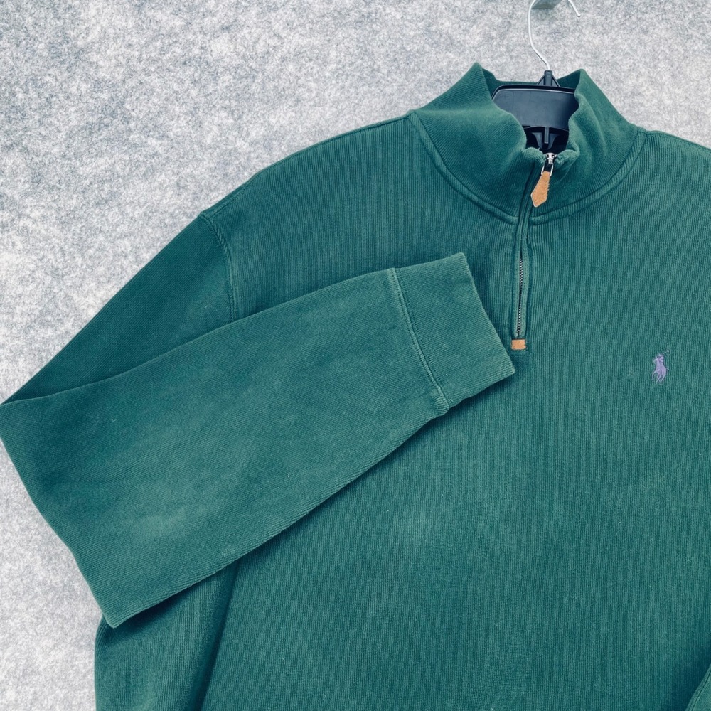VTG Polo Ralph Lauren 1/4 Zip Sweater Men XXL Green Ribbed  Pullover Logo Mock